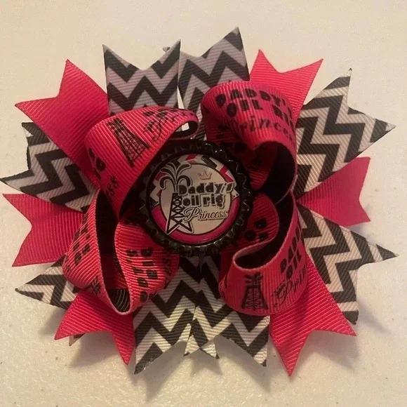 Oilfield daughter daddy’s oilfield princess hair bow pink black white 4 1/2 inch - Picture 1 of 4